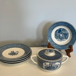 Royal blue & white English currier & Ives patterned dishes